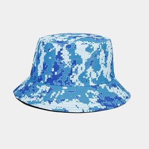 Detail view of blue and white digital camouflage bucket hat with premium fabric texture