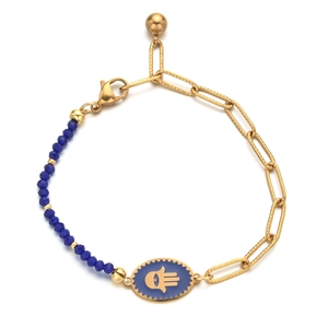 Detailed macro of Hamsa Hand charm with blue crystal beads on paperclip chain