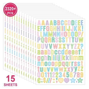 Macro shot of 15 sheets of colorful alphabet and number stickers with 2320 pieces