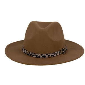 Brown wool felt fedora hat with leopard print belt and golden buckle for women