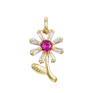 Golden sunflower pendant necklace with red and white zircon stones on white background