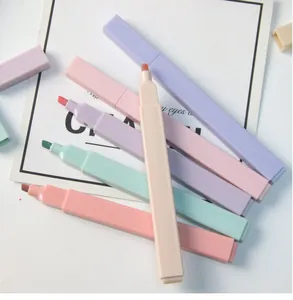 Detailed view of Morandi color square highlighters with chisel tips on a white background