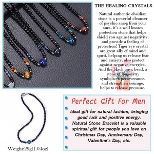 Detailed view of 6mm obsidian and tiger eye beaded necklace with healing crystals for men