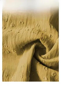 Detailed view of yellow ginger fabric with textured polka dots and soft draping
