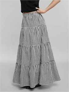 Women's high waist black and white plaid A-line maxi skirt with tiered ruffle design