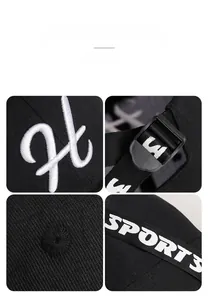 Detail of black sports cap showing 3D H embroidery and adjustable strap with ribbon