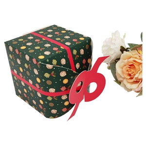 Nahaufnahme der grünen Weihnachtsgeschenkbox mit festlichen Mustern und roter Schließe