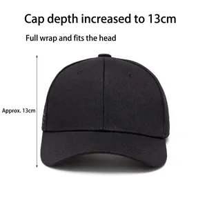 Classic black baseball cap with 13cm deep fit design and curved brim on white background