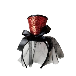 Cerchietto mini cappello di paillettes rosse con velo nero per decorazione festa Halloween