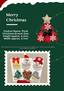 Close-up of cute plush Santa Claus and Christmas tree brooch pins with soft velvet textures