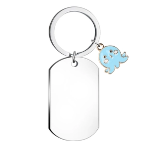 Silver stainless steel keychain with custom tag and blue octopus charm detail