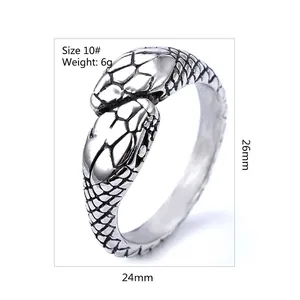Retro stainless steel double snake head open ring with detailed scale texture