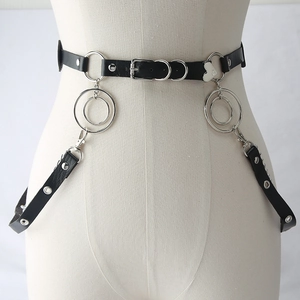 Harajuku punk gothic black leather body chain with silver rings and heart buckle