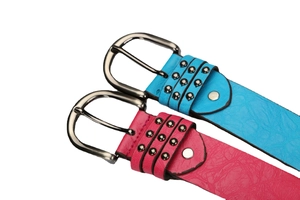 Women's punk style leather belts with triple row metal studs in blue and rose red colors