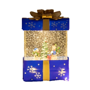Blue Christmas gift box snow globe lantern with miniature snowman and LED light