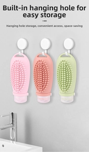 Hanging silicone travel bottles with built-in massage brush and space-saving hook