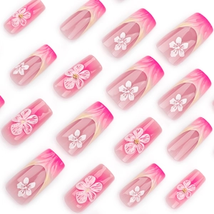 French 3D blush gradient press-on nails with white and gold flower patterns in short square shape