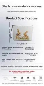 Detailed view showing the size dimensions and bunny floral pattern of the makeup bag
