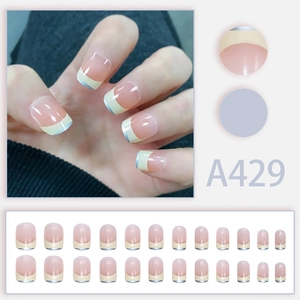 French style nude pink press-on nails with silver mirror edge and 24pc set layout
