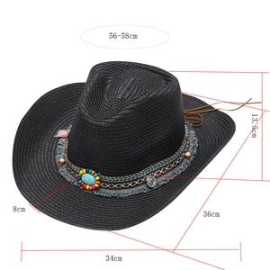 Western straw cowboy hat in black with turquoise bead trim and adjustable chin strap