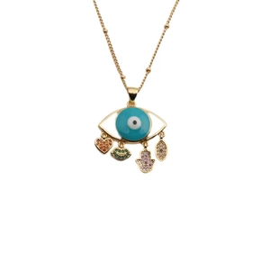 Gold evil eye necklace with colorful heart, lips and hamsa hand enamel pendants