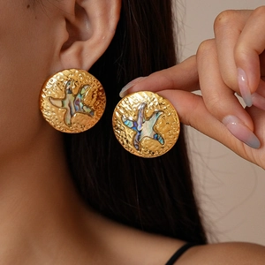 Golden hammer-textured stainless steel starfish earrings featuring abalone shell inlays