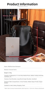 Detailed size guide of a black PU leather backpack showing 36cm height and 32cm width