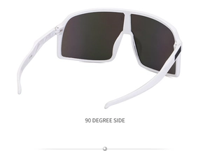 Side view of white cycling sunglasses showing PC frame and dark protective lenses