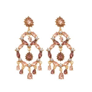 Elegant gold drop earrings with pink crystals and pearls in French vintage palace style