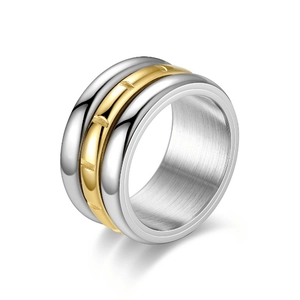 Detail of two-tone gold and silver rotatable stainless steel wide band ring with vertical grooves
