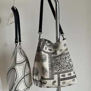 Vintage cotton canvas tote bag with ethnic floral print and black faux leather strap