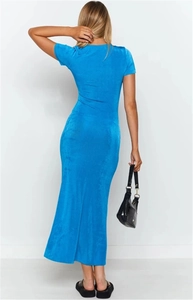 Rear view of a slim fit blue short sleeve V-neck maxi dress with shiny fabric finish