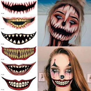 Detailed comparison of neon Halloween mouth tattoos showing sheet and model makeup application