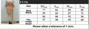 Size chart detail for off-shoulder sequin dress showing XS to L measurements in centimeters