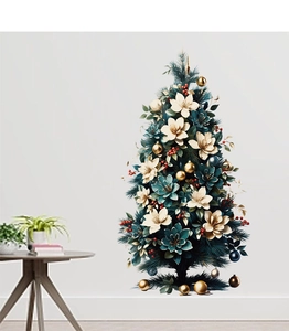 Detail of Christmas tree wall sticker with blue-green needles, gold baubles and red berries