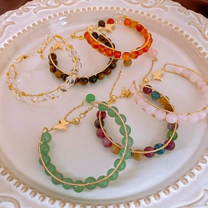 Handmade Wire Wrapped Beaded Bracelet Natural Stone Crystal Butterfly Charm Adjustable Vintage Elegant Jewelry Women