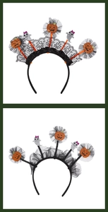 Detail of Halloween headbands with mesh lace, glitter pumpkin and ghost decorations