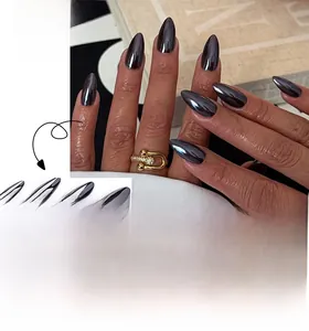 Glossy mirror-effect almond press-on nails in dark metallic grey finish on a textured base