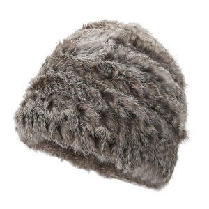 Thick warm rabbit fur knit bucket hat for women in mottled grey-brown plush finish