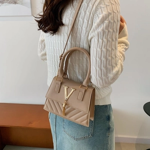 Elegant beige PU leather square handbag with V-shaped metal logo and tassel decoration