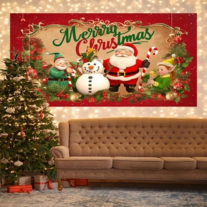 Christmas Backdrop Polyester Merry Christmas Santa Claus Snowman Elf Party Decoration Wall Hanging Photography Background