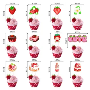 Strawberry party decorations set with size dimensions for cake toppers and banner pieces