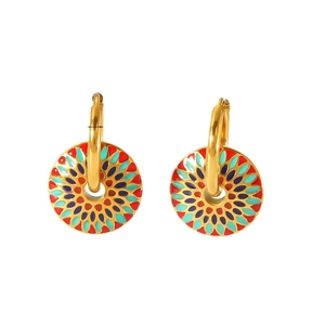 Retro 18k gold plated stainless steel daisy hoop earrings with colorful enamel pendants