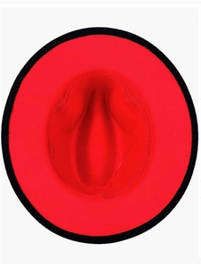 Detailed close-up of a red felt jazz hat with a black contrast brim and crown indentation