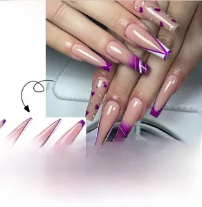 Detail of purple French coffin press on nails with white lines, hearts, and rhinestones