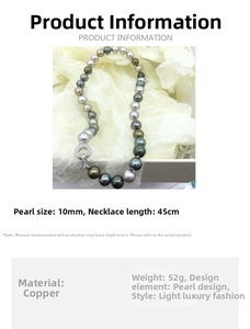 Detail view of 10mm Tahitian-style pearls necklace with diamond-set clasp and size specs