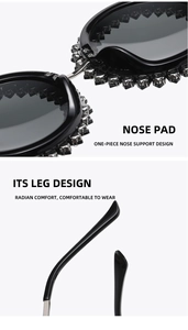 Detail view of integrated nose pads and ergonomic temple design for rhinestone sunglasses