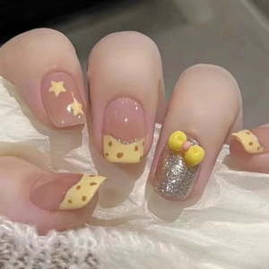Sweet yellow French leopard print press-on nails with 3D bow and silver glitter stars
