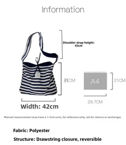 Detailed size specifications and material info for the striped canvas tote bag