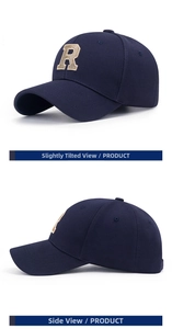 Detail showing side views of navy blue baseball cap with gold R letter embroidery